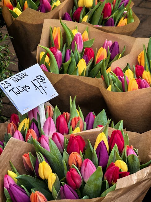 A collection of fresh tulip bouquets arranged in brown paper wraps, featuring vibrant pink, purple, yellow, and orange tulips with green leaves and stems. Each bouquet is tightly packed with upright t